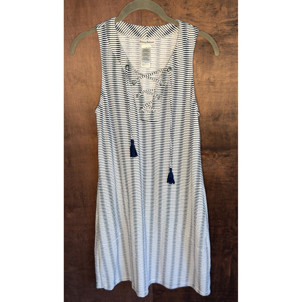 Tommy Bahama Womens Blue White Striped Lace Up Tassel Sleeveless Shift Dress S